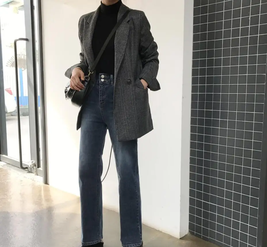 

Women's Check Long Sleeve Cotton Jacket Causual Vintage Coat Plaid Blazer