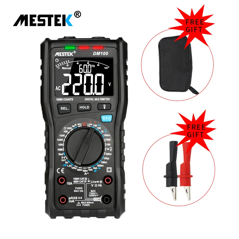 

MESTEK DM100 Digital Multimeter High Speed Smart Double Core T-rms NCV Temperature multimetro Anti-burn Fuse Alarm multimeters
