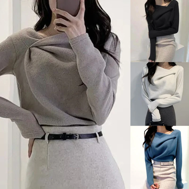 

Skew Collar Irregular Knitted Sweater Women Chic Autumn Winter Elegant Femme Pullovers Solid Color Simple All-match Tops
