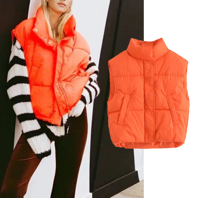 

Za 2022 Women Vest Cotton-Padded Parkas Autumn Winter Sleeveless Solid Coats Outwear Female Casual Zipper Parka Mujer