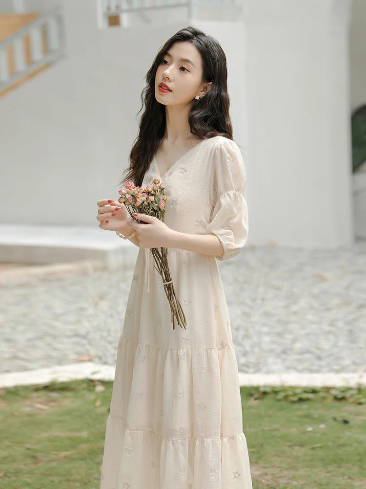 

New Style Long A-line Skirt Fairy French First Love Sweet Chiffon Puff Sleeve Dress Female Summer High Waist V-neck Apricot