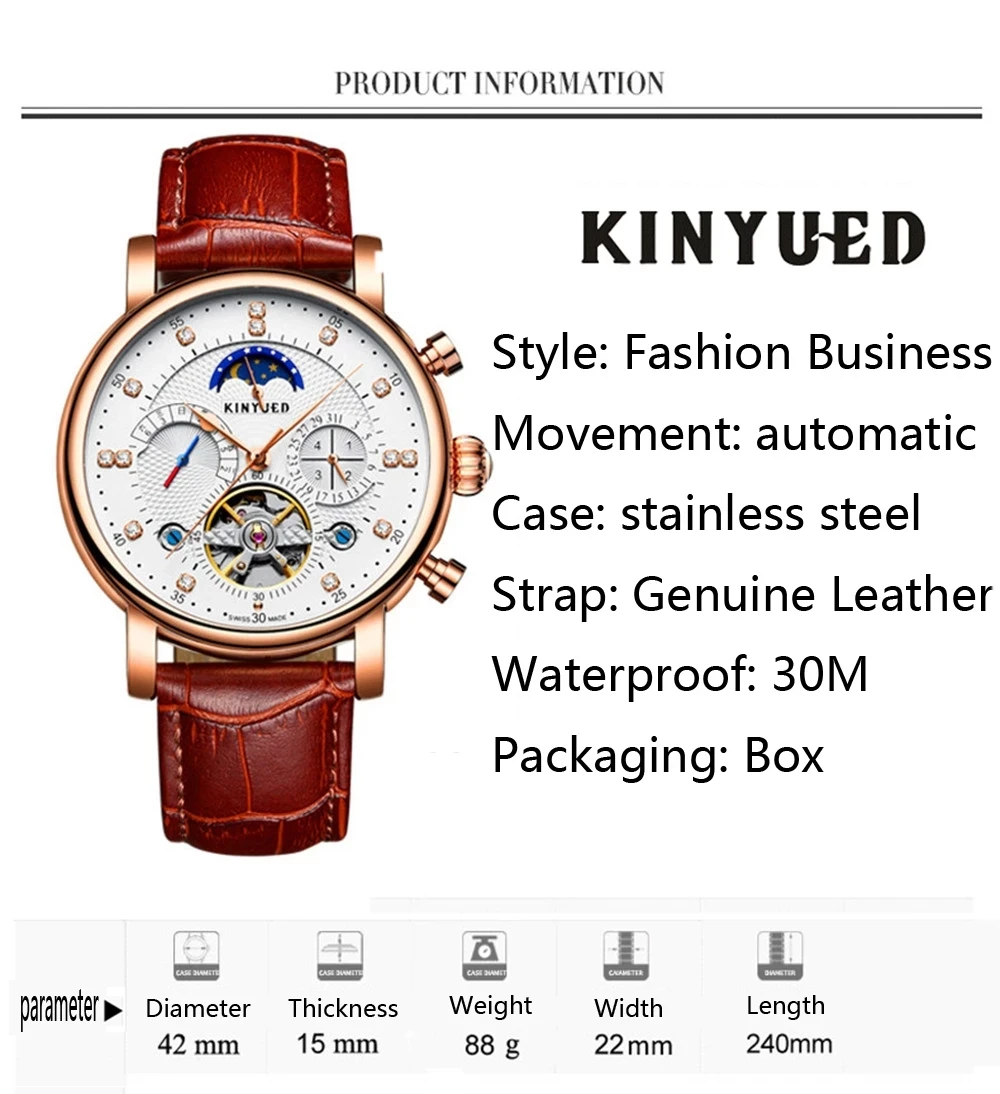 KINYUED Leather Diamond Display Mechanical Watch Mens Watches Top Brand Luxury Automatic Tourbillion Calendar Moon Phase | Наручные часы