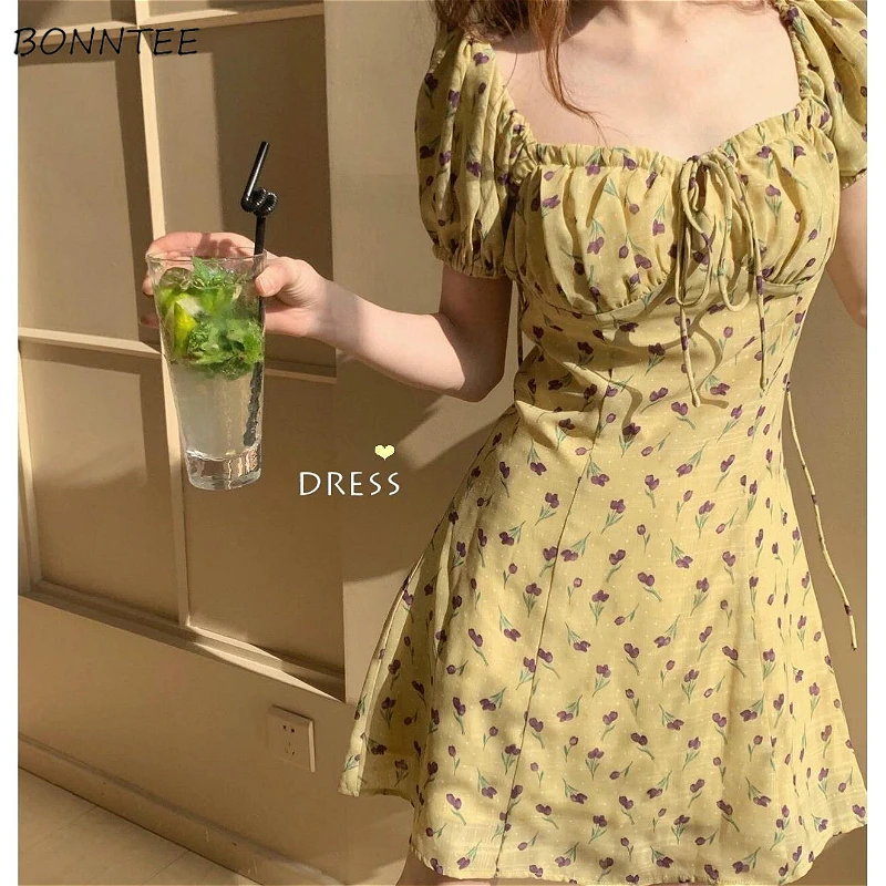 

Dress Women Chic Lace-up Pleated Design Chiffon Summer Stylish Vacation Preppy Girls Sundress Korean Floral Slim Lovely Vestidos