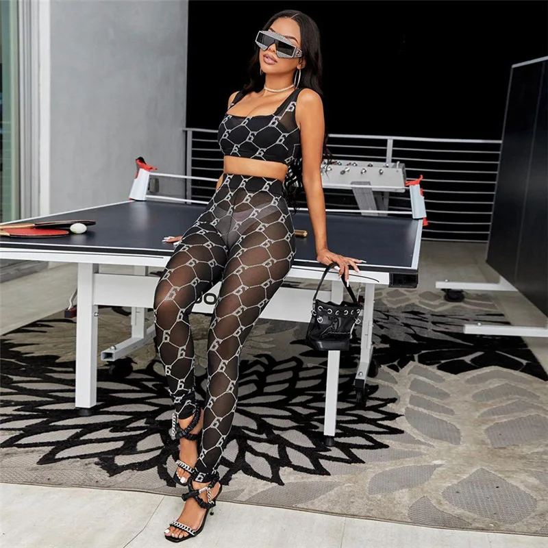 

Sexy See Through Printin Two Piece Set Women Hipster Mesh Halterbelt Sleeveless Short Vest+High Waist Sheath Biker Pants Outfits
