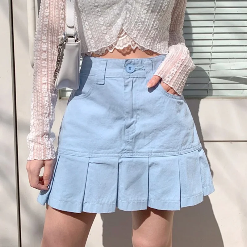 

Women Pleated Mini Skirt Solid Black white blue 3 color hip skirts cute woman kawaii skirt faldas mujer moda 2021 fashion bottom