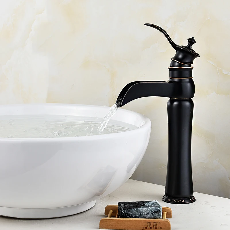 

Black Brass Waterfall Bathroom Sink Faucet Vessel Tall Bamboo Water Tap Retro Single Hole Hot and Cold Water Taps Basin Faucets