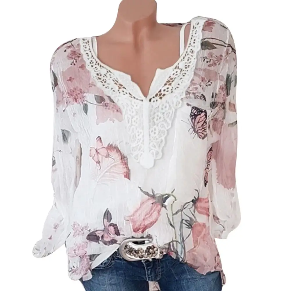 

Plus Size Fashion Butterfly Flower Printed Women Loose Lace V-Neck Long Sleeve Blouse Top 2020 Loose Women Shirt Tops