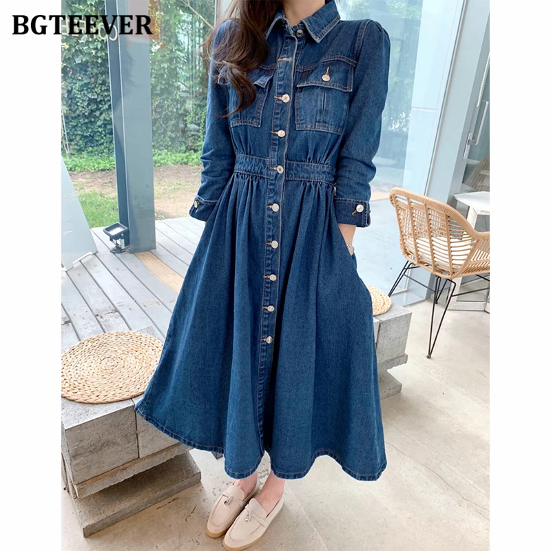 

Платье BGTEEVER женское джинсовое с длинным рукавом, элегантное модное платье-трапеция из денима с эластичным поясом, весна 2021