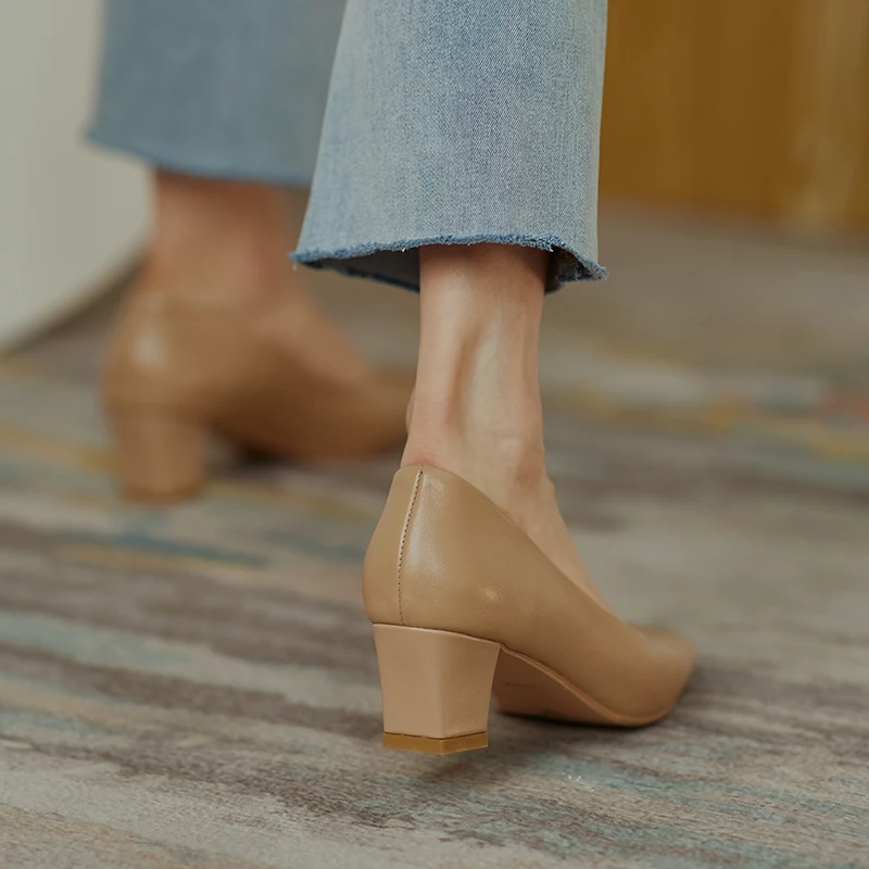

ZVQ Woman Genuine Leather High Heels Spring New Style square toe Office Lady Shoe Solid Color Concise Comfortable ventilation