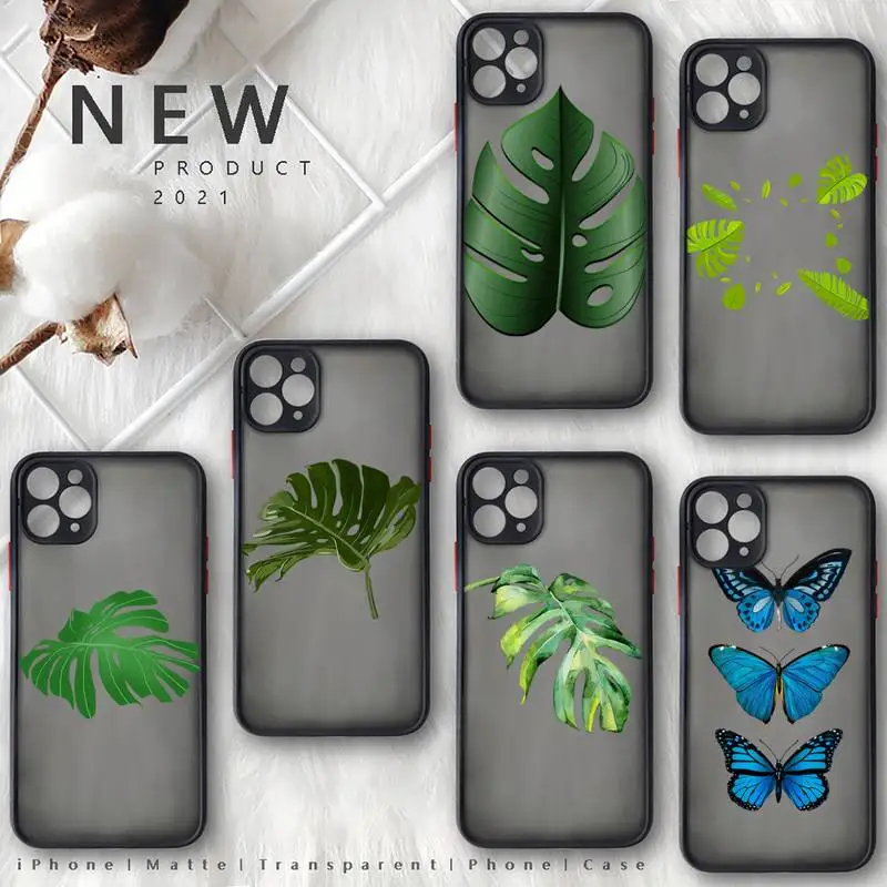 

Butterfly Glitter Leaves Phone Case For iphone 12 11 8 7 plus mini x xs xr pro max matte transparent cover