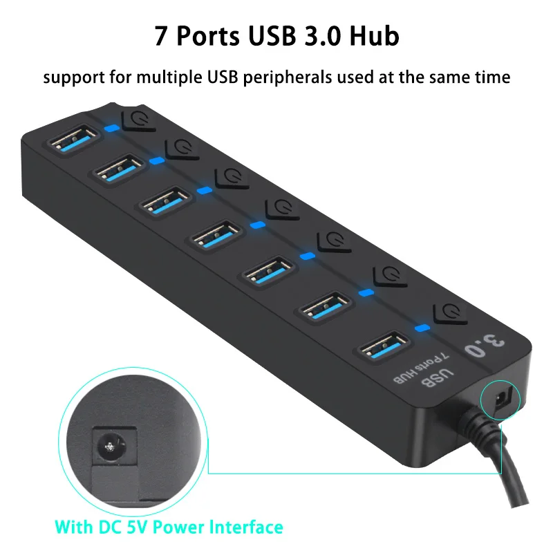 usb 3 0 hub usb hub 3 0 4 7 port multiple expander multi usb splitter with switch power adapter for pc computer accessories free global shipping
