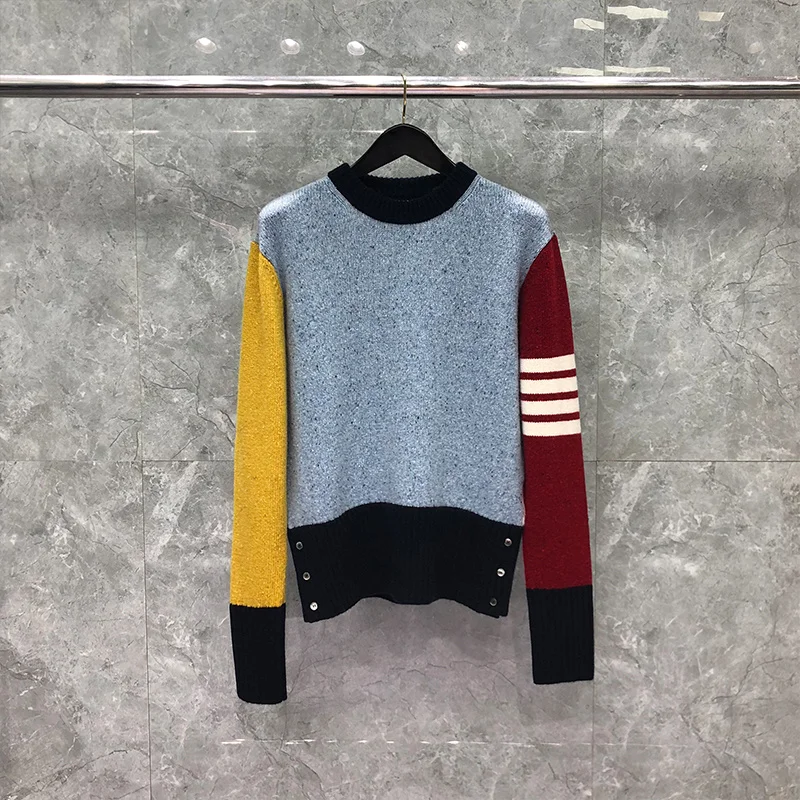 

THOM TB Sweater Autunm Winter Fashion Brand Clothing Multicolor Spoted Wool White 4-Bar Stripe Knit Crew Neck Pollover Coats