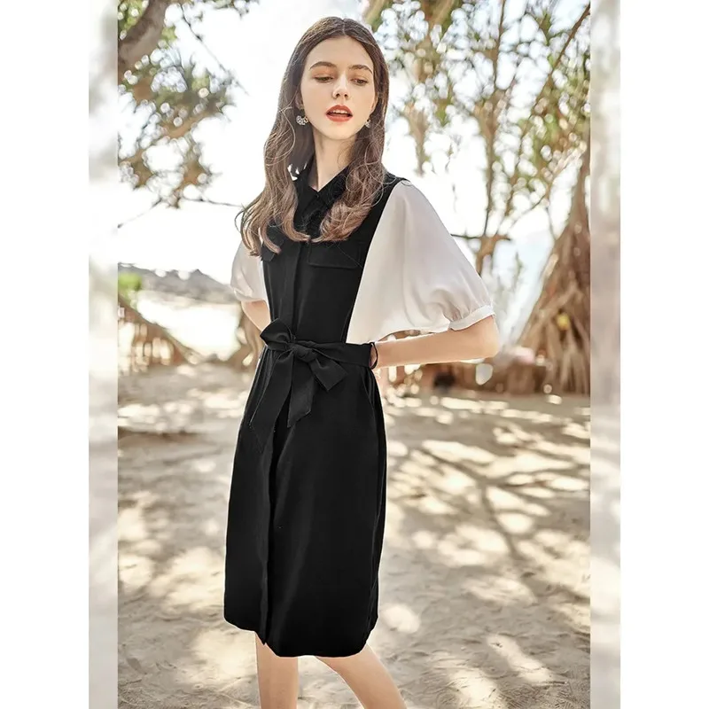 

Stylish Women Clothing Summer Dress 2021 Lapel Splicing High Waist Vintage French Dress Formal Jacket Y2k Vintage Casual Dresses