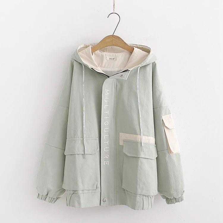 2019 осенний женский основной куртка на молнии с капюшоном и вышивкой контрастный