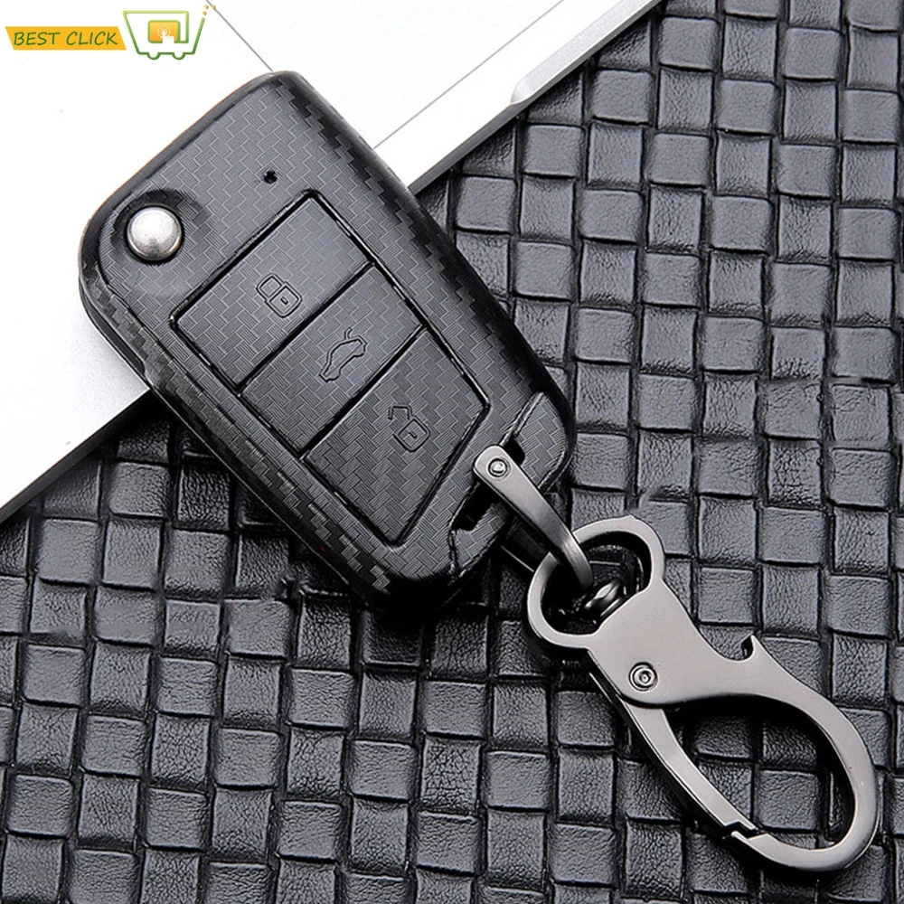 Carbon Fiber Style Remote Key Shell Case Fob For VW Polo Golf 7 Tiguan Skoda Octavia Fabia Kodiaq Key Ring Keychain