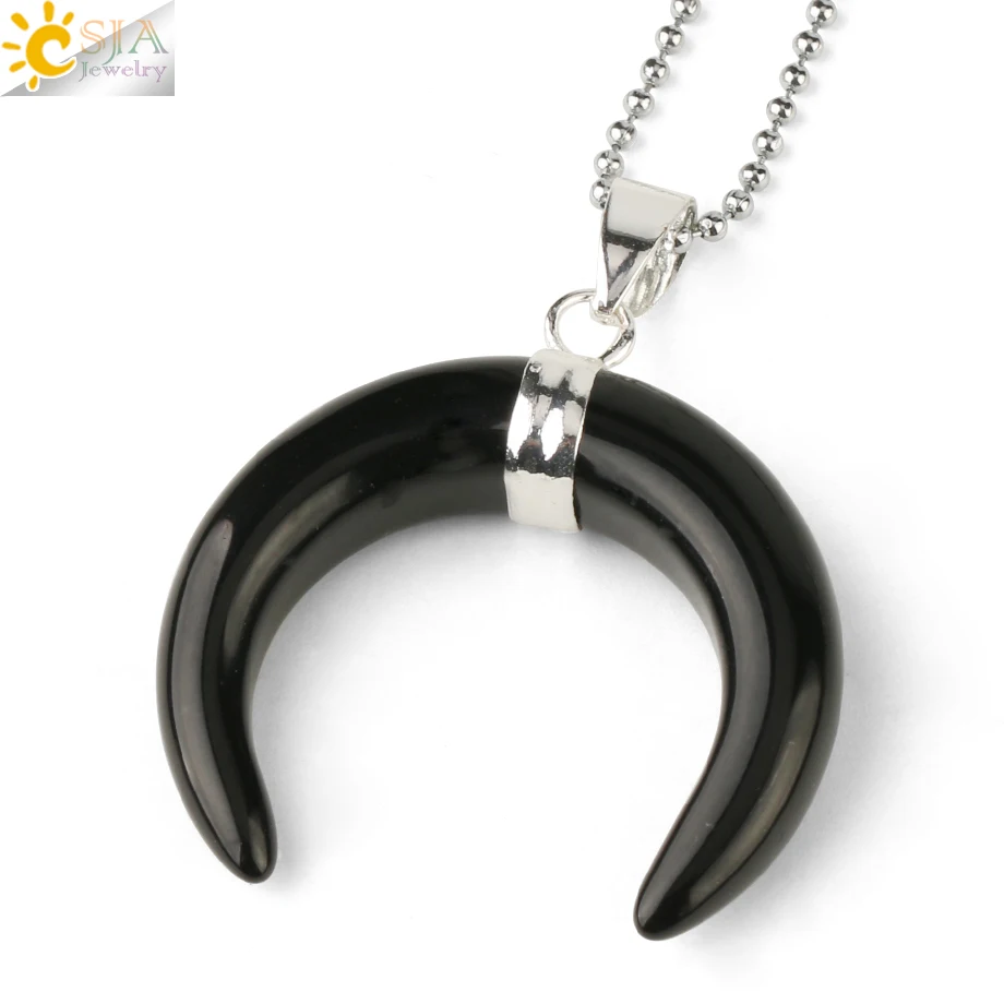 Black Onyx Chain Csja натуральный хрустальный каменный кулон серебряного цвета ожерелья полумесяц двойная Подвески в виде рога для женщин и мужчин целебные ювелирные изделия G159 - Окраска металла: Black Onyx Chain