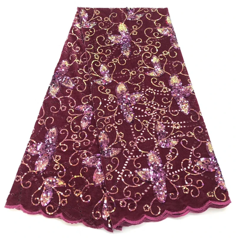 

2019 New French Lace 5 Yards/pcs Design Velvet With Sequins fabric African lace Fabric Used for women's party dresses