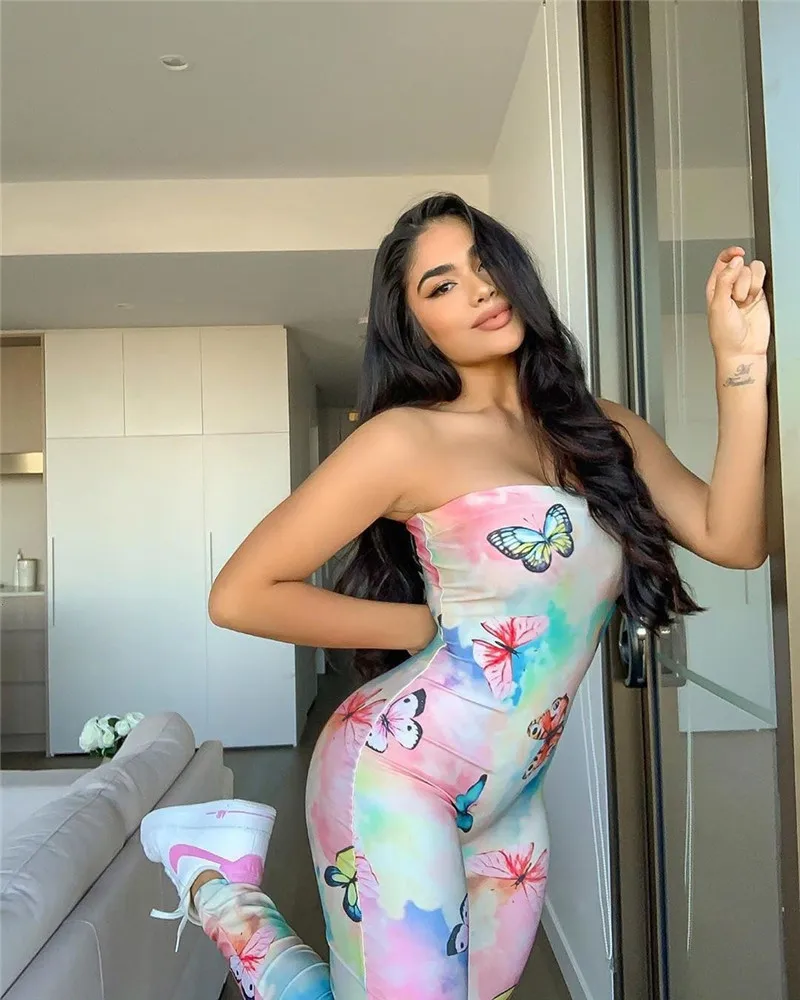 

Sexy Women’s Off-shoulder Jumpsuit Summer Fashion Sleeveless Slash Neck Butterfly Printed Tight-fitting Bodysuit Long Jumpsuit