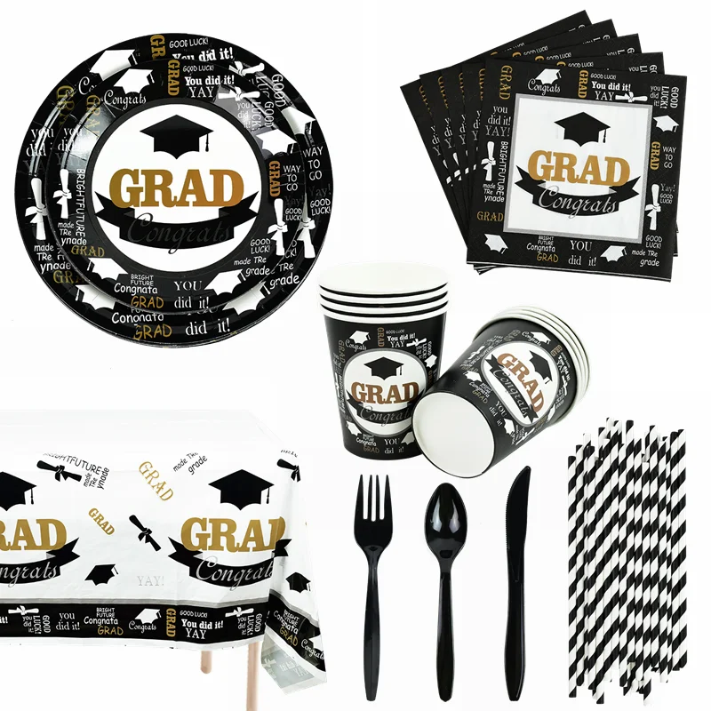 

Congrats Grad Disposable Tableware Black Gold Paper Plate Cup Napkin for 2021 Congratulation Graduated Party Decoration Supplies