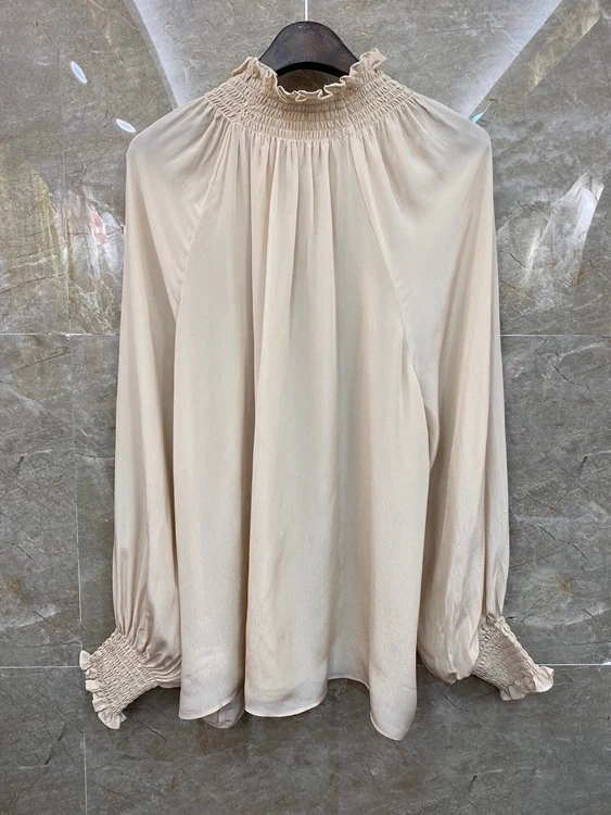 

2020 autumn and winter new women's solid color decorative stretch collar can be diagonal long sleeves all-match blouse