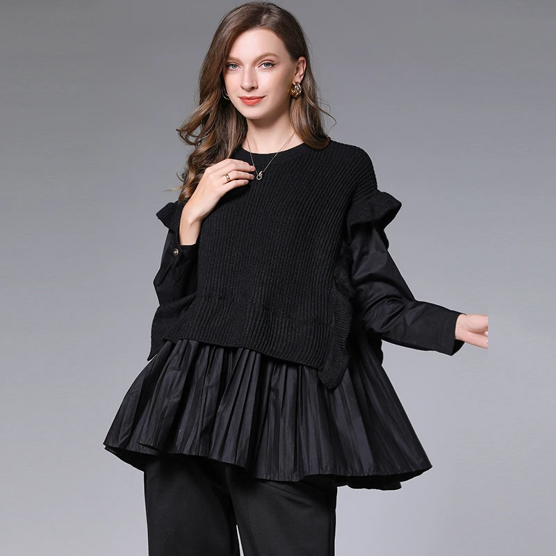 Зимний женский свободный пуловер имитация двух свитеров рубашка с рукавами