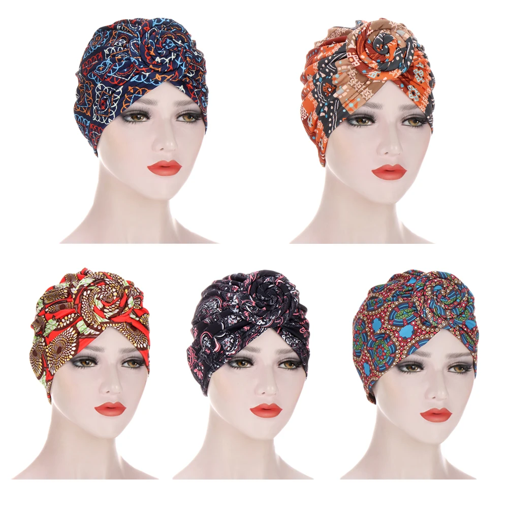 

New Women African Pattern Knotted Flower Turban Muslim Turban Twist Knot India Hat Cancer Chemo Cap Bandanas Hair Loss Beanie