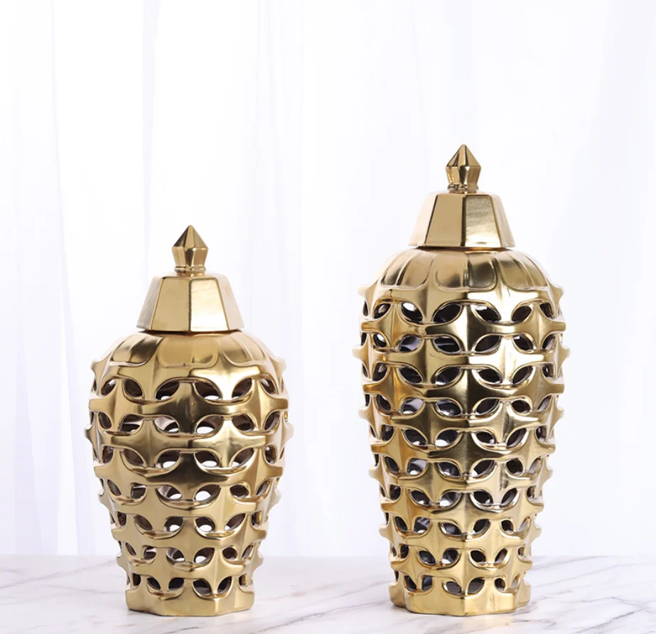 

Creative Ceramic Hollow Gold Hollow Storage Jar Decorative Jar Decoration Crafts Home Decoration Candy Jar Dry Vase