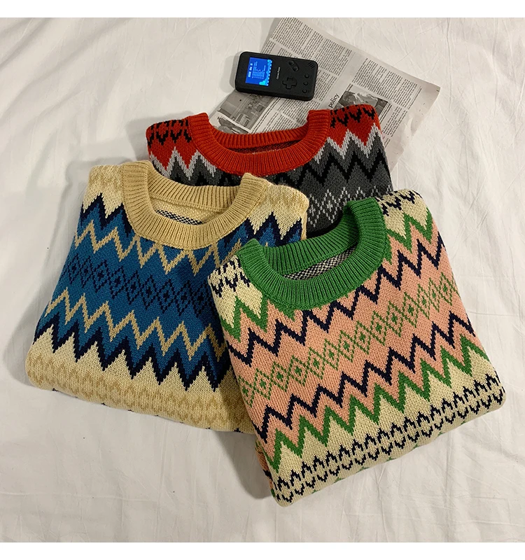 Sweater Men's Warm Fashion Contrast Color Casual Retro O-neck Knit Pullover Men Loose Knitting Sweaters Male Sweter Clothes