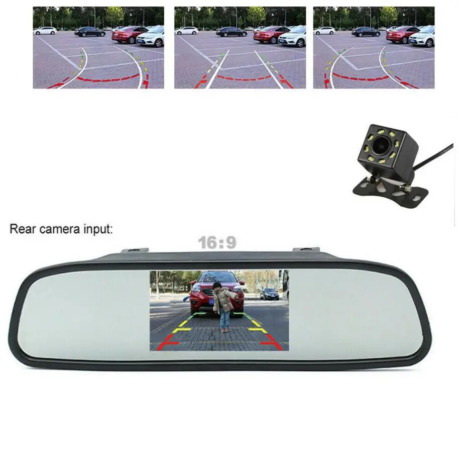 

Автомобильное зеркало заднего вида с ЖК-дисплеем 5 дюймов + черная динамическая траектория, 8 светодиодный, комплект для резервного копирова...