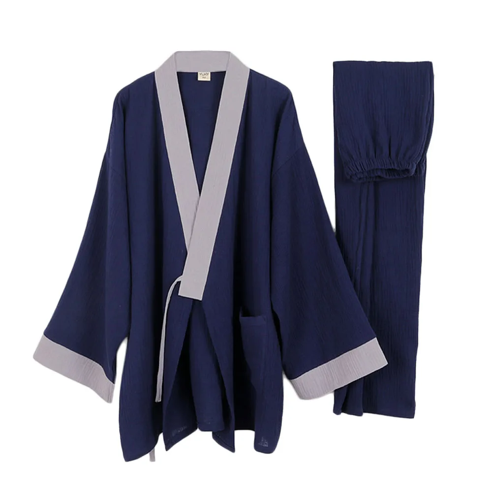 Cotton Mens Pajamas Japanese Kimono Plus Size Long-sleeve Trousers Casual Comfortable Home Service Two-piece Suit Sleepwear