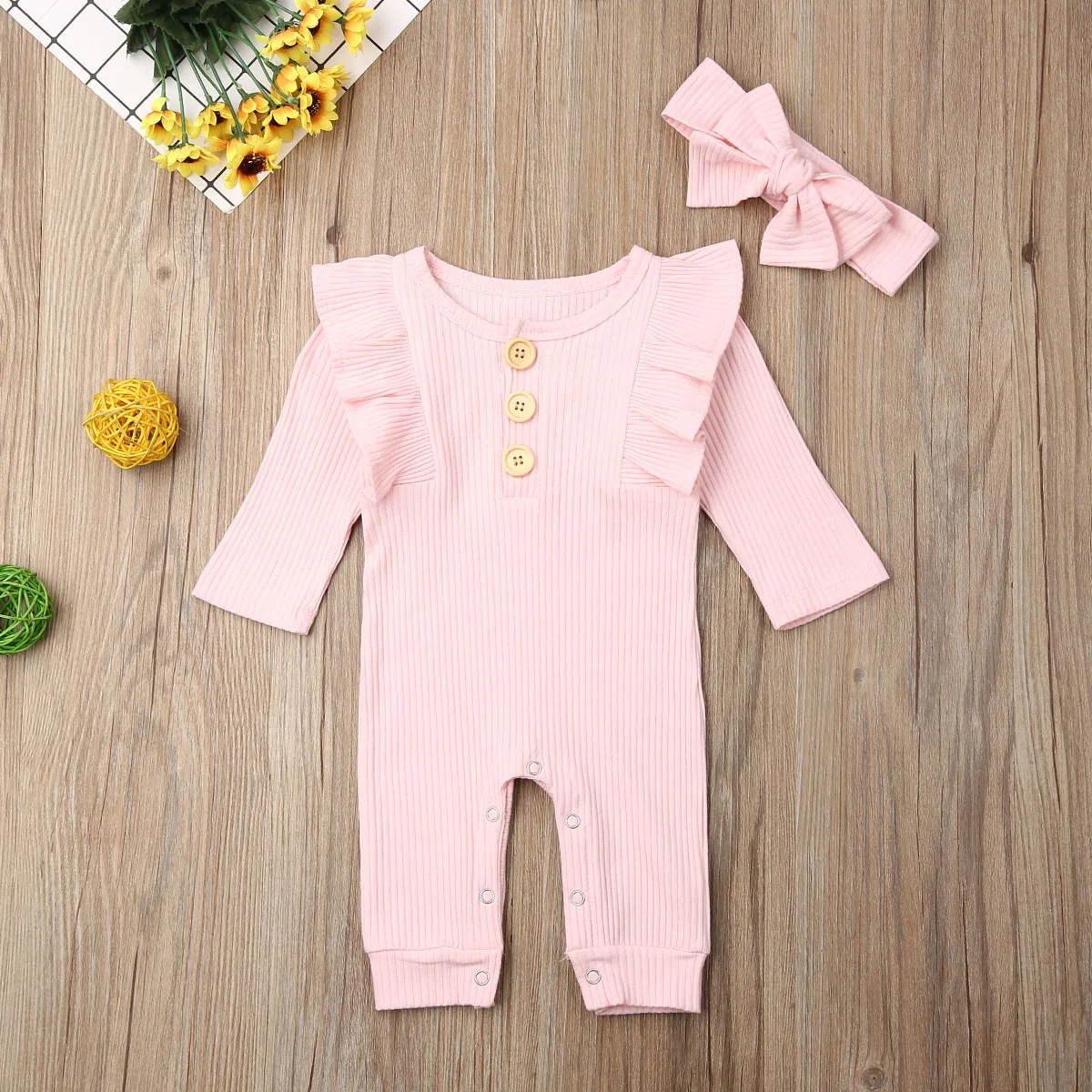 Bayi Anak Laki-laki Gadis Lengan Panjang Baju Monyet Jumpsuit Solid Keseluruhan Headband Bayi Balita Musim Gugur Rajutan Pakaian Set