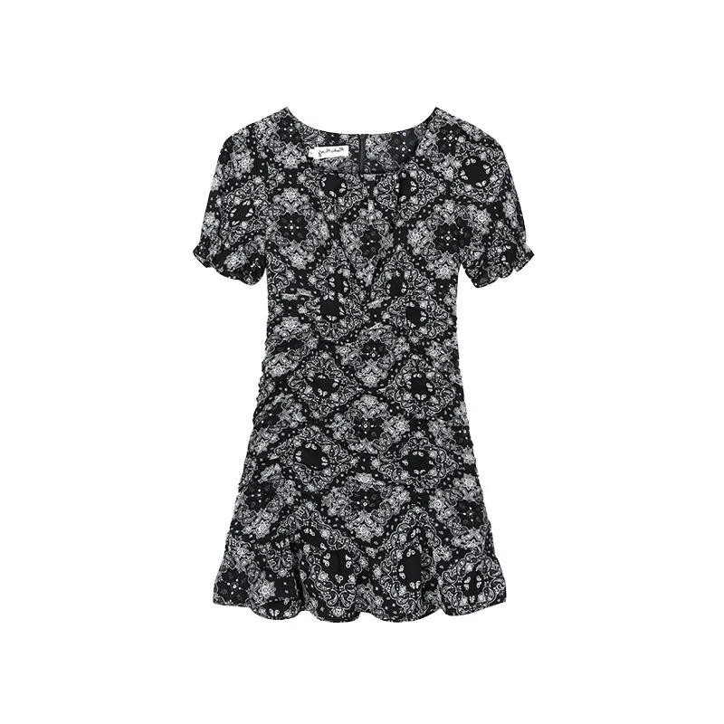 

2021 New Chiffon Dresses Woman Slim High Waist Floral Printed Vestidos Female Clothing Chic Square Collar Summer Woman Dress