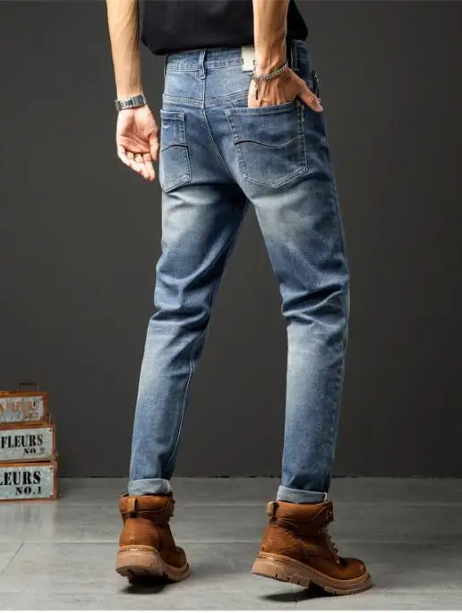 Classic Men Jeans Retro Stretch Straight Jeans Men's Spring AutumnDenim Trousers Casual Slim-Fit Jeans
