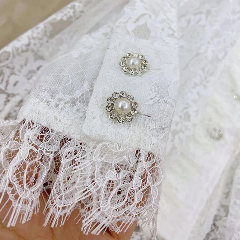 

VGH See Through Lace Shirt For Women V Neck Long Sleeve Patchwork Button Elegant Blouse Female Fashion New Clothing 2021 Style