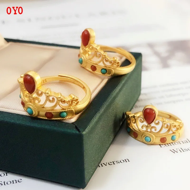 

S925 Silver Crown Palace Style Inlaid Turquoise Red Agate Female Open Ring Couple