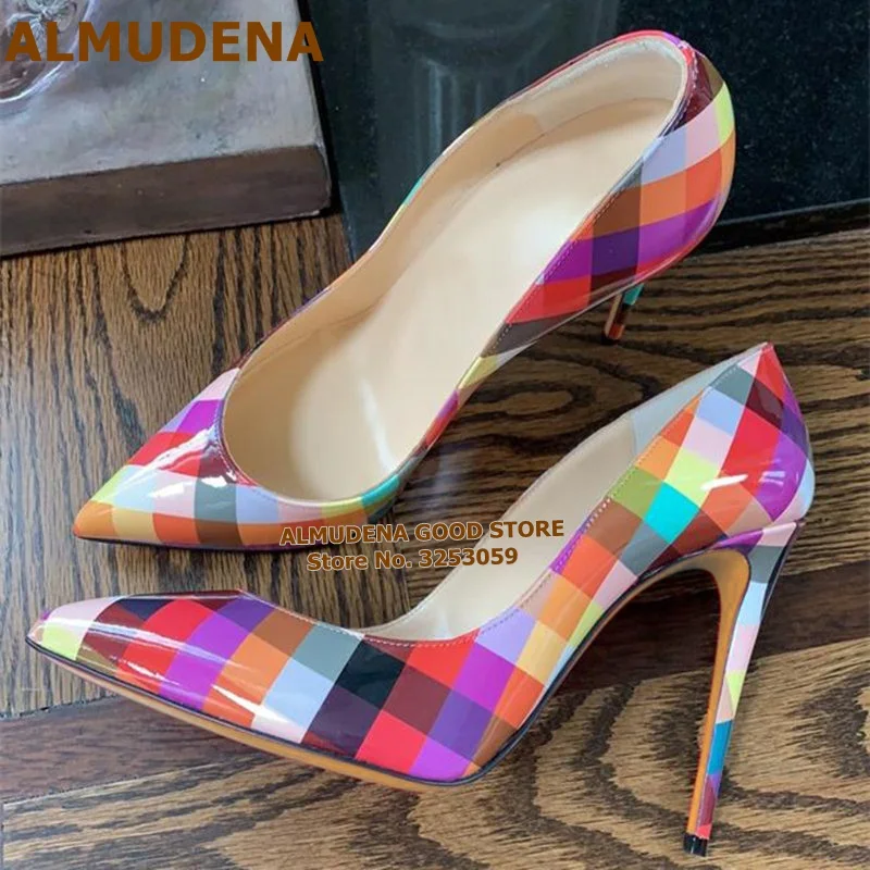 ALMUDENA Multicolor Checkered High Heel Shoes Colorized Plaid 12 10 8cm Gladiator Shoes Slip-on Shallow Wedding Pumps Size45