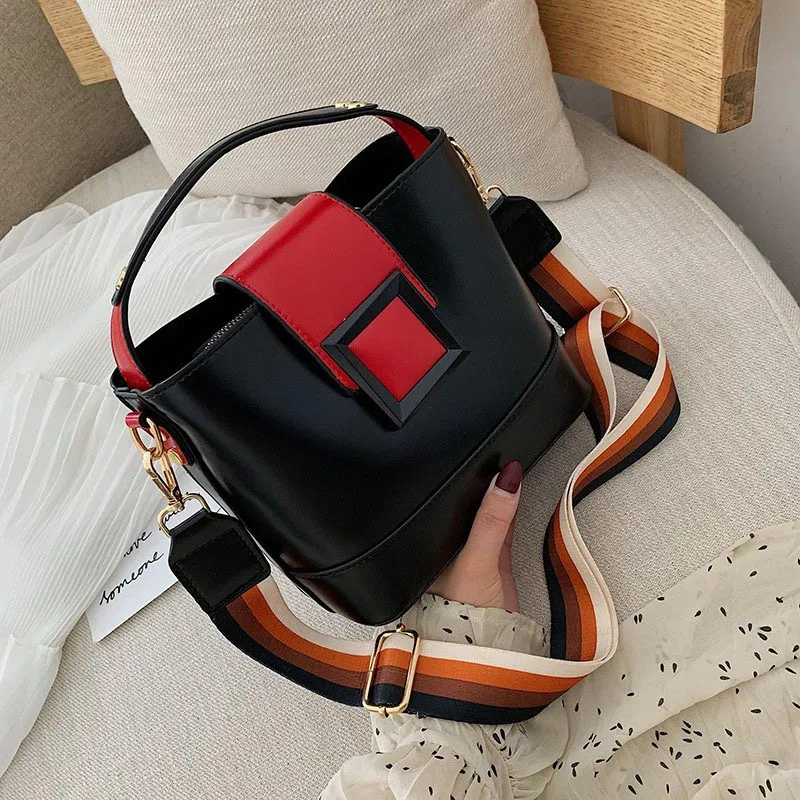 

Pooflower Korea Panelled PU Leather Bucket Bags For Women Luxury Shoulder Bags Fashion Handbag Travel Crossbody Totes Bag ZH122