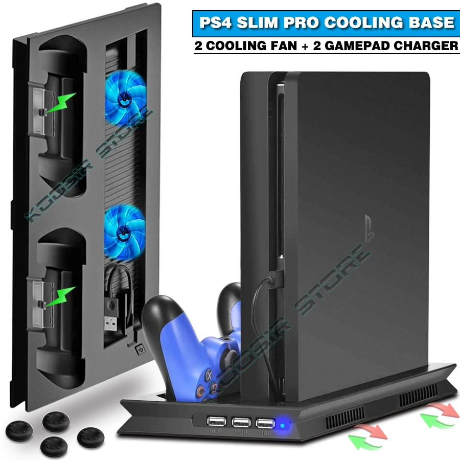 

PS4 Pro Slim Console Vertical Stand 2 Controller Charger 2 Cooler Fan for Playstation 4 Slim Play Station PS 4 Games Accessories