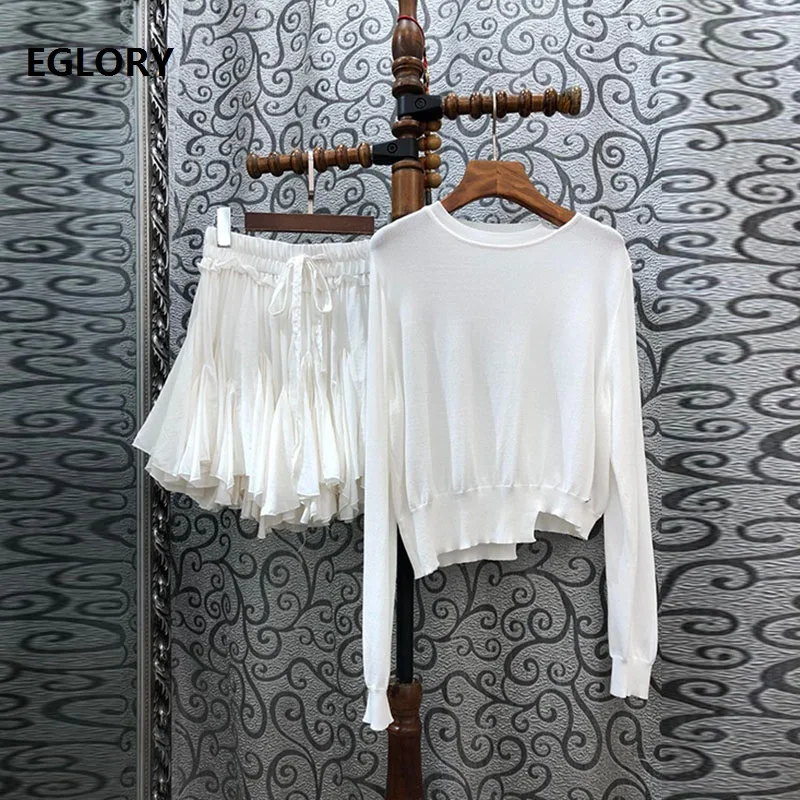 High Quality Sweater Suits 2022 Spring 2 Piece Knitted Set Women Long Sleeve White Tops+Pleated Mini Skirt Sets Suits Casual