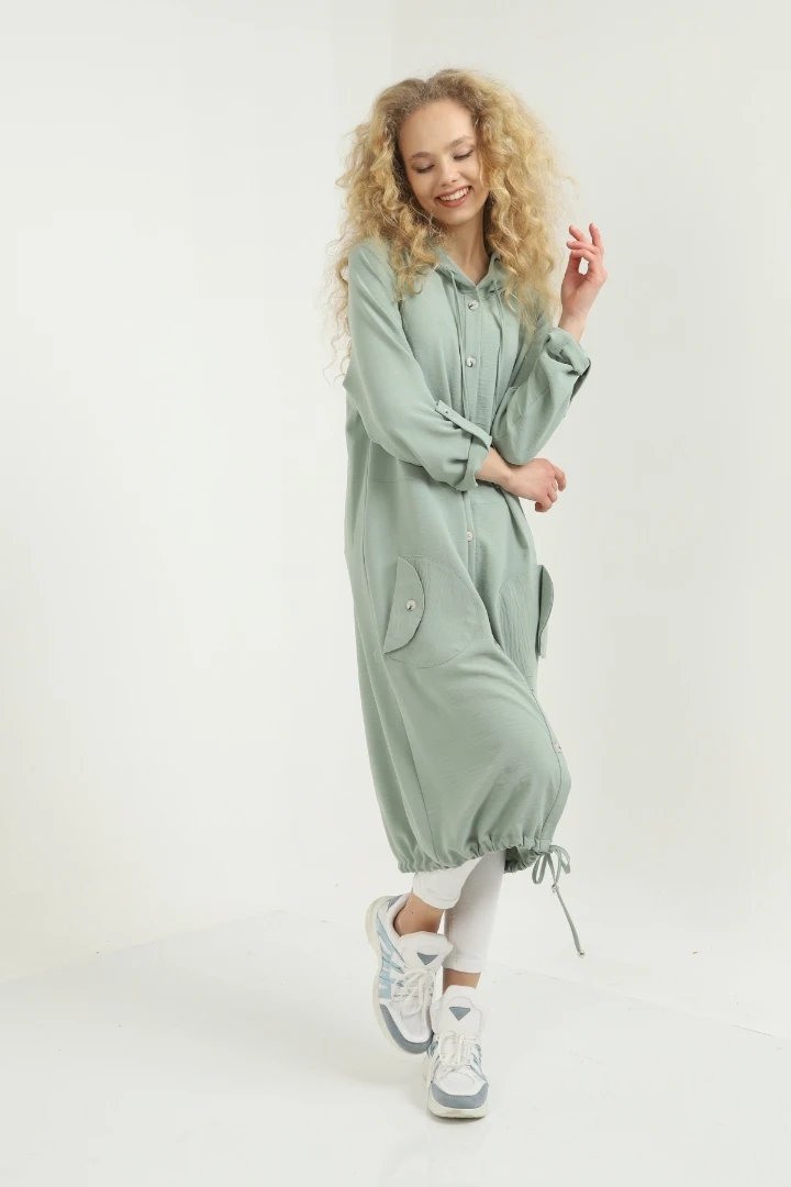 

Hooded Water Green Tunic Shirt new season modern design long sleeve pvc capsules detail plus size stylish women's tops