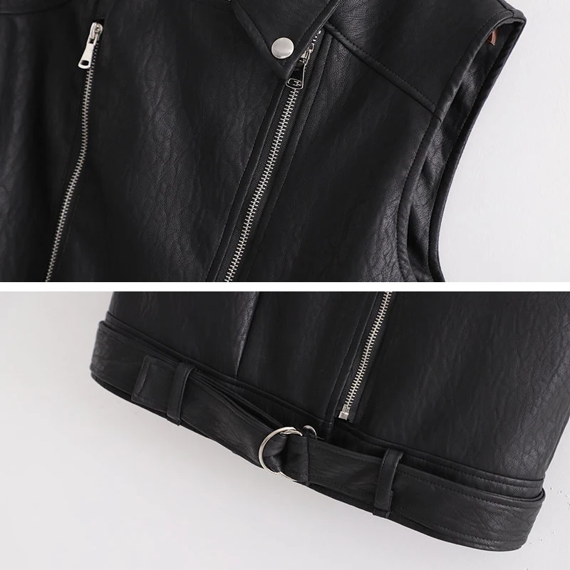 

2019 Autumn Black Women Faux Leather jacket Sleeveless Short Loose Female PU Vest Zipper Cool Chic Motorcycle jacket YNZZU 9O015
