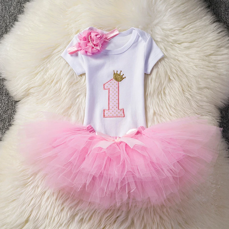 

Birthday Dress Sweet Pink Little Girl First 1st Mesh Tutu Vestidos Infant Baby Party Clothes