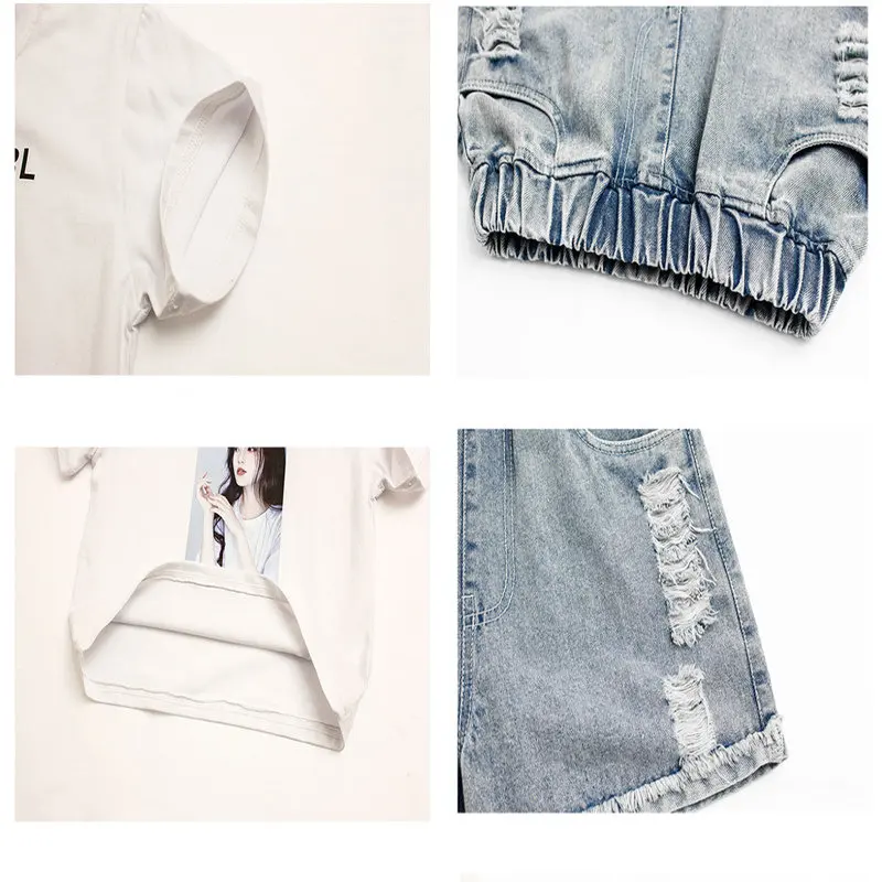 

Girls Summer Clothes Letter Tshirt+Shorts Denim For Girls Ripped Teenage Clothes Set Casual Style Kids Tracksuit 4 6 8 10 12 14Y