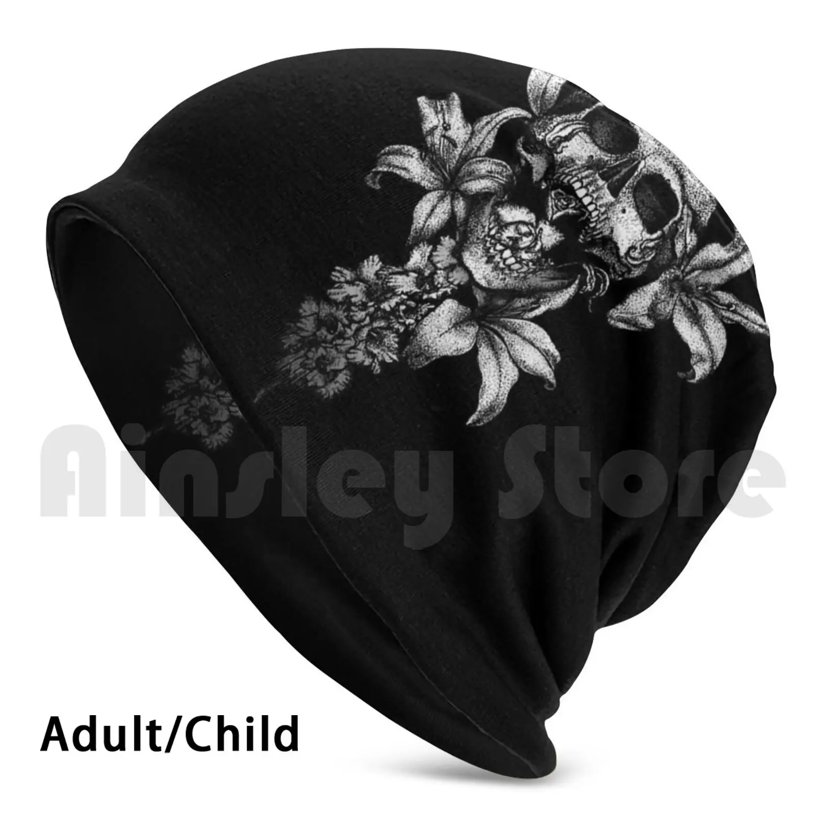 Ghostly Funerary Skull ( Colorway 1 ) Beanies Knit Hat Hip Hop Skull Skulls Lilies Lily Flowers Flower Funeral