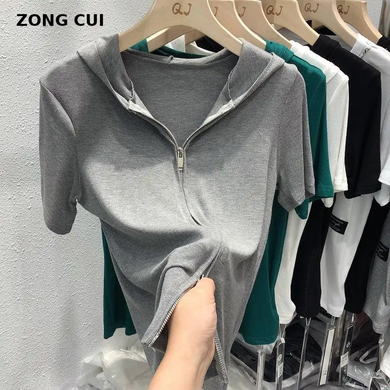 

Summer women's solid hooded T-Shirt Top 2021 new Korean style slim zipper white top street style casual T-shirt