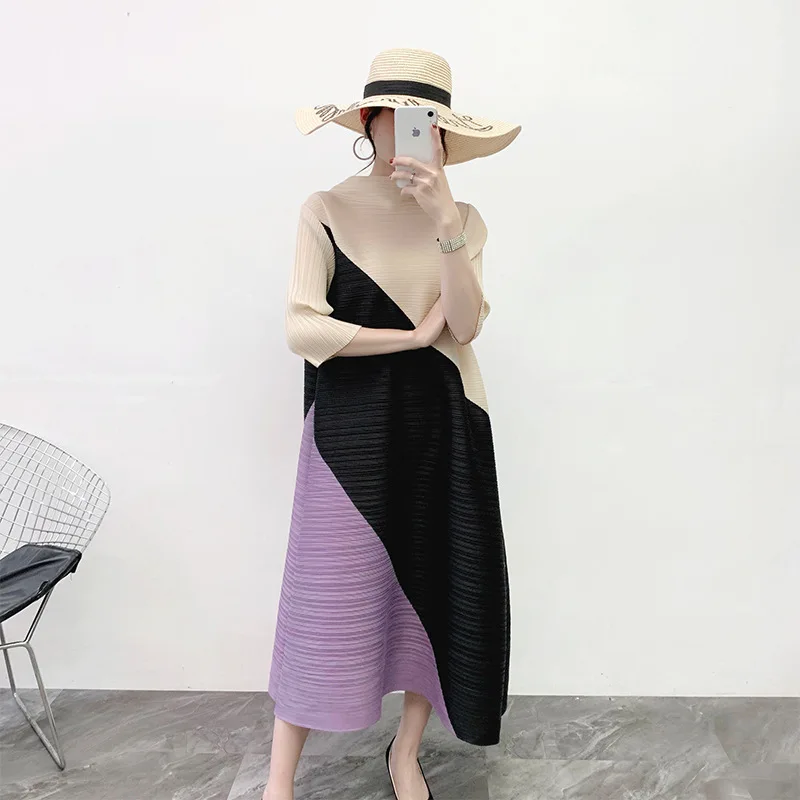 

LANMREM Pleated Dress Famale 2021 Autumn Summer Stitching Color Dresses Patchwork Stand Collar Loose Fashion Clothing YJ004