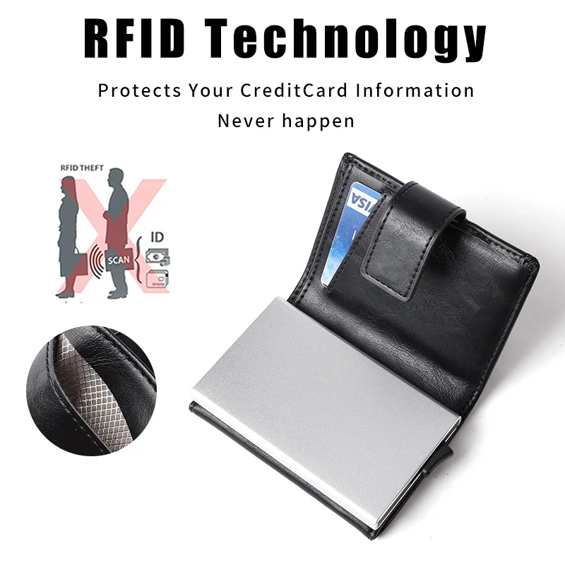 RFID Protection Magnetic Button Aluminum Business Id credit Card Holder Wallet Slim  Smart Vintage PU Wallet Men Zipper Coin