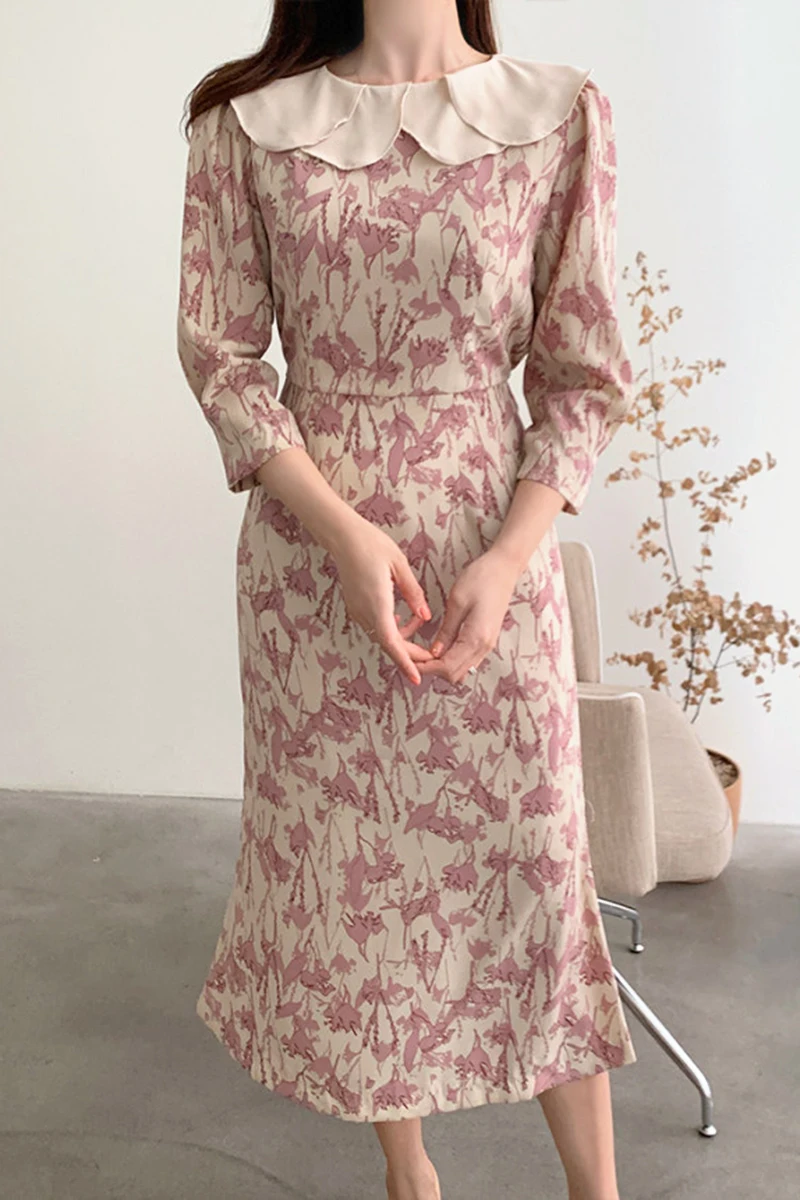 

ZOSOL Women's Korean-Style Chic Floral Ruffled Collar Contrasting Color Panel High-Waist Slim Mid-Length over-the-Knee Dress