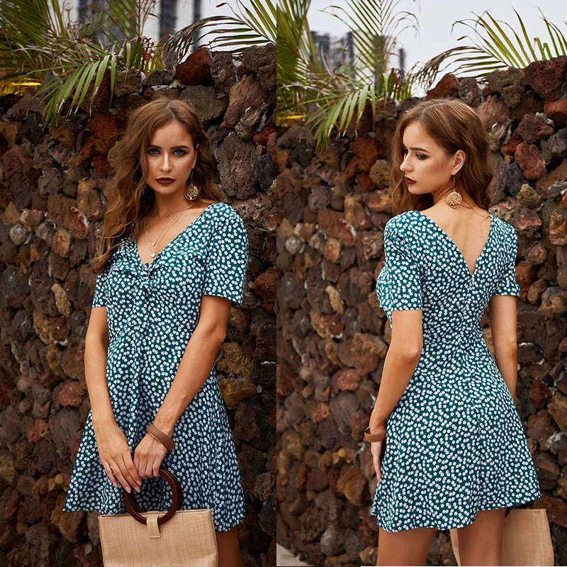 

Women's Fashion Women's Dress Short European and American Printing V-neck Women's Dress Short Skirt Women's Dress