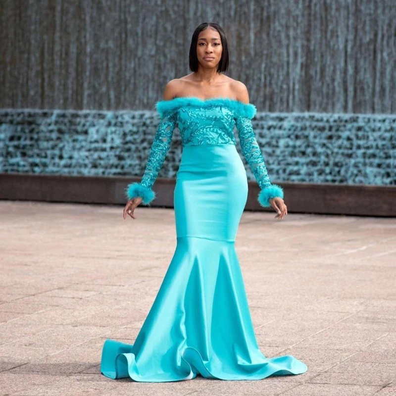 

Bateau Mermaid Evening Dresses Sequins Applique Long Sleeves Feather Satin Evening Dress Pageant Gowns Custom Made Evening Gown
